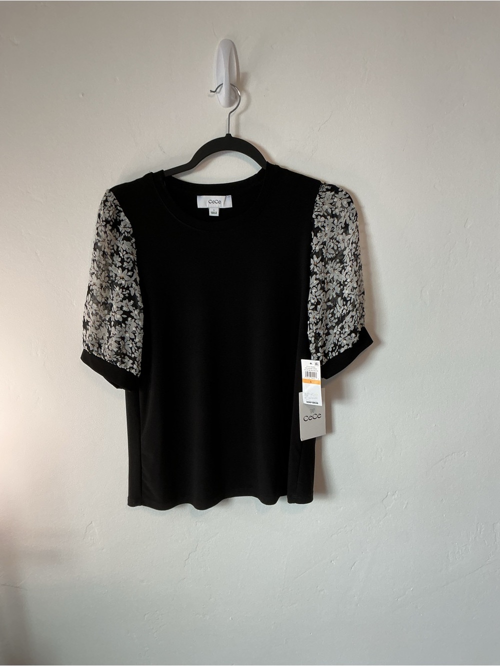 CeCe Black Top with White Floral Mesh Puff Sleeves